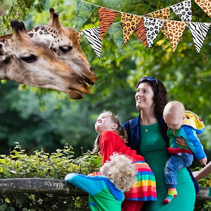 Tiamon 5 Pcs Jungle Zoo Animal Print Decoration Safari Birthday Banner Wild Animal Print Pennant Bunting 49.2 Ft Triangle Flag for Bulletin Board Classroom Decoration Safari Two Wild One Party Supply