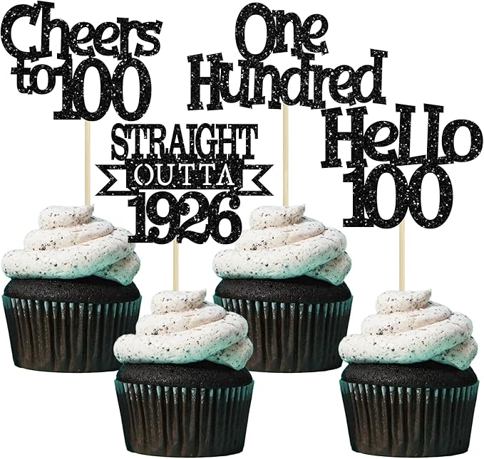Ephlyn 24Pcs Happy 100th Birthday Cupcake Toppers Glitter Straight Outta 1925 Cupcake Picks Hello 100 Cheers to 100 Years Birthday Cake Decorations for 100th Birthday Anniversary Party Supplies Black