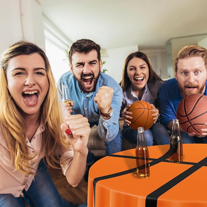 6 Pack Round Basketball Tablecloth 84 Inch Plastic Basketball Party Decorations Disposable Table Cloth Washable Disposable Circle Table Cover for Birthday Party Supplies Decoration