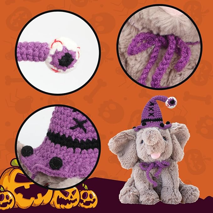 Hopearl Adorable Halloween Plush Calf Elephant Toy with Knitted Witch Hat Floppy Elephish Ultra Soft Stuffed Animal for Boys Girls Kids Toddlers, Gray, 10''