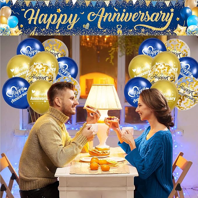 Happy Anniversary Banner Decorations Navy Blue Gold Happy Anniversary Yard Banner Sign with 18pcs Happy Anniversary Balloons Confetti Set for Men Women Wedding Party Supplies Decor