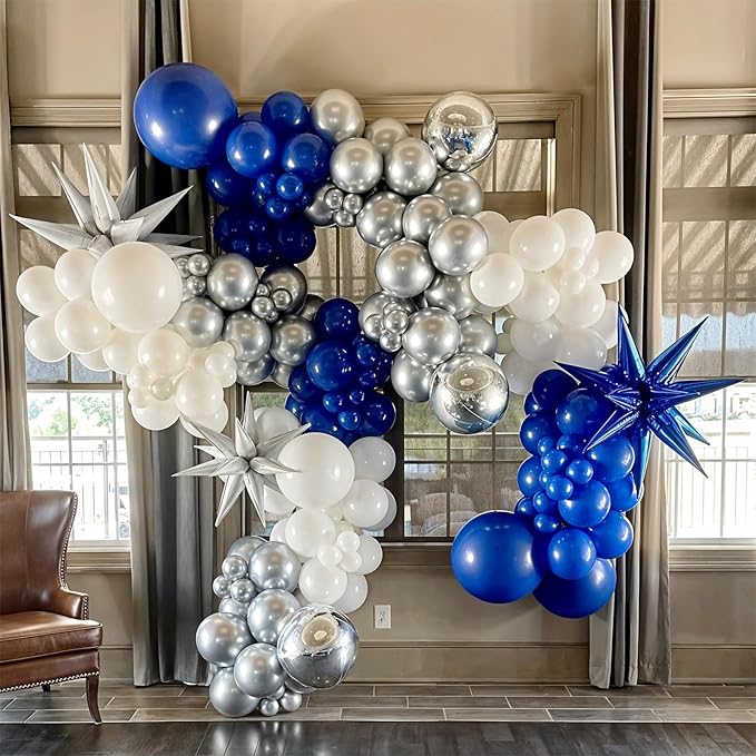 Blue White Silver Balloon Arch Kit with Explosion Star 4D Silver Foil Balloons Royal Blue Metallic Silver White Balloon Garland for Blue 2025 Graduation Decoration Birthday Baby Shower Party