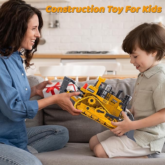 Rc Bulldozer Toys - Remote Control Bulldozer Construction Vehicles Trucks for Boys Kids Age 7 8-12 - Metal Remote Control Electric Tractor Loader Toys with Light and Sound - Birthday Gift