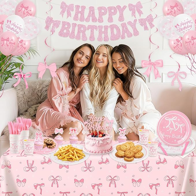 Coquette Birthday Decorations, Pink Bow Birthday Decorations Serve 24 Includes bow hair clip Hanging Swirls Plates Napkins Cups Banner Tablecloth Balloons Pink Party Supplies for Girls Party