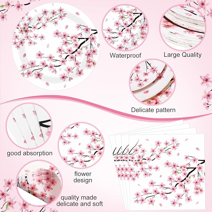 Zhehao 101 Pcs Cherry Blossom Party Tableware Set Cherry Blossom Party Supplies Includes 50 Pcs Paper Plates, 50 Pcs Napkins and 1 Tablecloth for Birthday Baby Bridal Shower Party Decorations