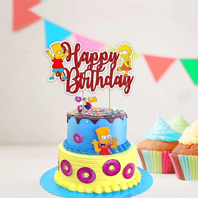 "Brt Simpson Happy Birthday Cake Topper – Fun Cartoon Theme Cake Decoration for Boys Girls – Simpsons Inspired Birthday Party Supplies for Dessert Table Décor, School Events & Family Celebrations"