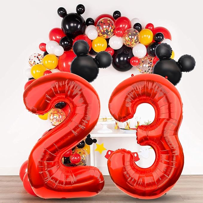 Mouse Number 3 Balloon 40 Inch Red Number 3 Balloon Mini Mouse Head Balloons for 3rd Birthday Party, Black Red Large Numeral Foil Balloons for Baby Shower Anniversary Supplies Decorations