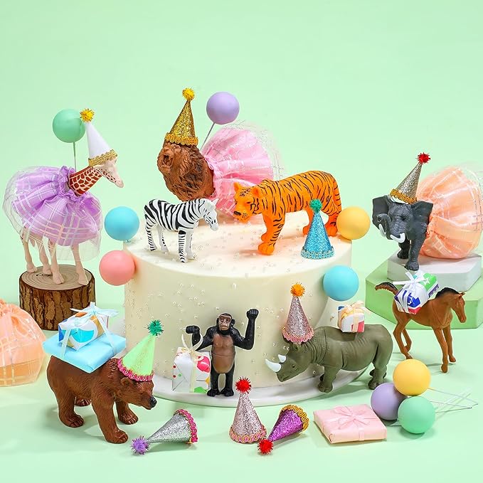 Weysat 41 Pcs Jungle Animals Cake Topper Figures Birthday Party Decorations with Mini Hat and Skirt, Colorful Balls, Jungle Toppers Decoration with Gift Boxes for Wild Animals Themed Party(Forest)