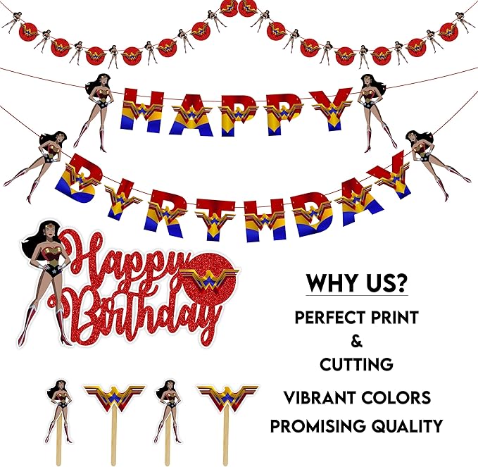 "Wondr Woman Theme Birthday Party Supplies – Superhero Girl Party Decorations for Adults – Wondr Woman Birthday Banner, Cake Topper, Cupcake Toppers & Party Décor for Superhero Celebrations"