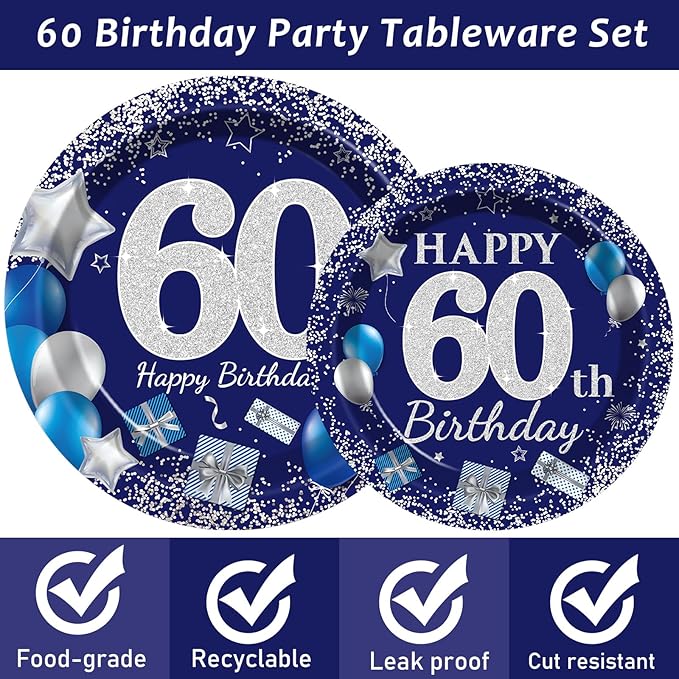 96 Pcs 60th Birthday Party Supplies Navy Blue and Silver Birthday Plates 60th Birthday Paper Tableware Happy Birthday Party Plates and Napkins Forks Blue Birthday Table Decorations for 24 Guests