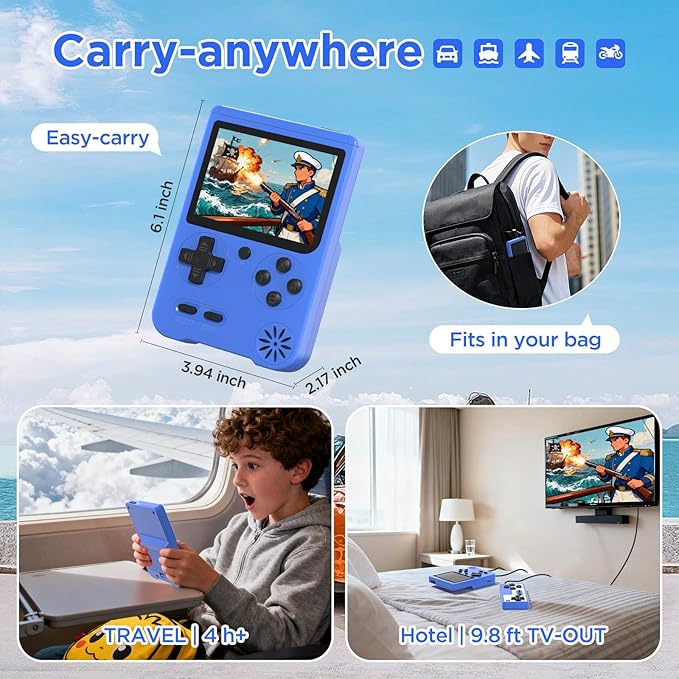 Retro Handheld Game Console, 3-inch IPS Screen Portable Game Console with 500 Built-in Classic Games ,1200mAh Rechargeable Battery, Plug & Play Video Games - Blue