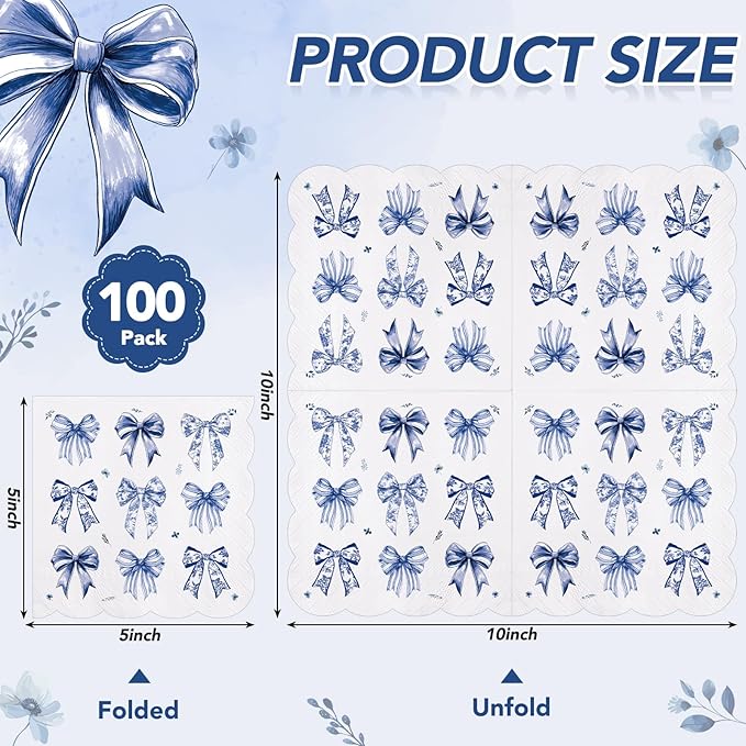100 Pcs Blue Floral Napkins, Scalloped Blue Bow Cocktail Napkins Decorative Decoupage Napkin Toile Dessert Beverage Napkin for Baby Bridal Shower, Tea Party