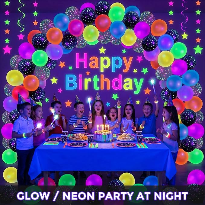 LovesTown 66PCS Glow Balloons Assorted, UV Neon Latex Balloons 12" with Small Dots for Birthday Wedding Glow Party Supplies
