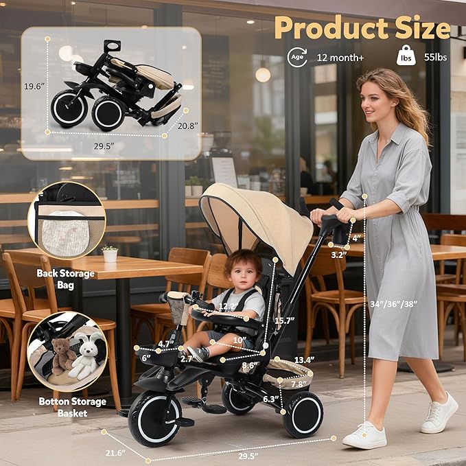 Folding Kids Tricycle, 8 in 1 Toddler Trike W/Removable & Adjustable Canopy, Parent Handle, 5-Piont Harness, Toddler Bike Tricycle for Kids 1-6 Years, EVA Wheels, Storage Basket, Khaki