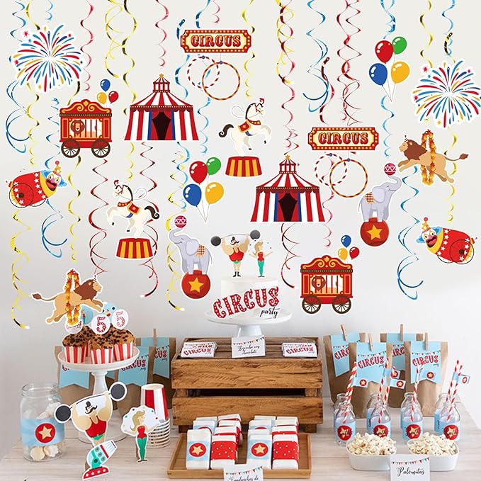 Carnival Hanging Swirl Set Party Decorations, 48 Pcs, Circus Joker Balloon Party Supplies Sign,Red Blue Yellow