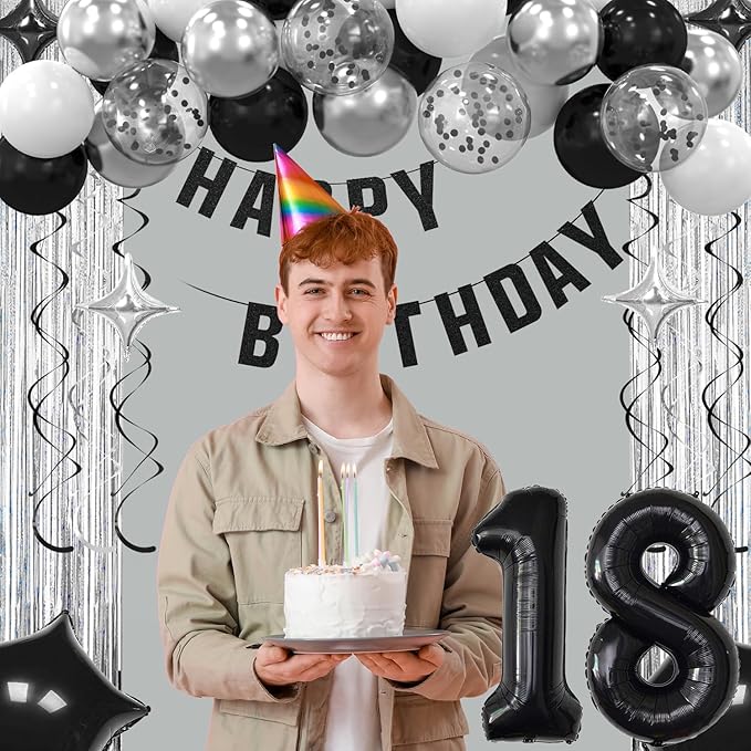 18th Birthday Decorations for Boys, Silvery Black Happy 18th Birthday Party Decorations for Girls, Happy Birthay Banner Balloons Fringe Curtains ,18 year old Bday Pack