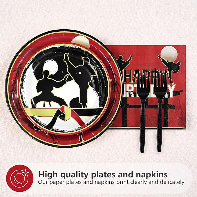 96 Pcs Karate Birthday Party Decorations Taekwondo Martial Arts Plates and Napkins Disposable Karate Themed Tableware Set for Kids Boys Ninja Sports Birthday Party Supplies Serves 24