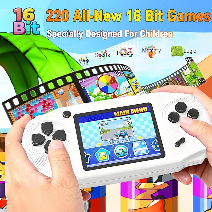 16 Bit Handheld Games for Kids Adults 3.0'' Large Screen Preloaded 220 HD Classic Retro Video Games USB Rechargeable Seniors Electronic Game Player Birthday Xmas Present (White)