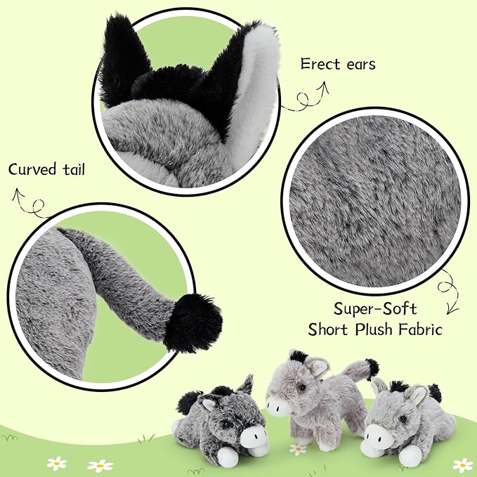 4Pcs Donkey Stuffed Animal Plush, Large Donkey Mommy 20“ with 3 Babies Inside - Unzip The Belly to Reveal Surprise Plush Toy - Family Role Play Gift Set for Kids, Boys & Girls