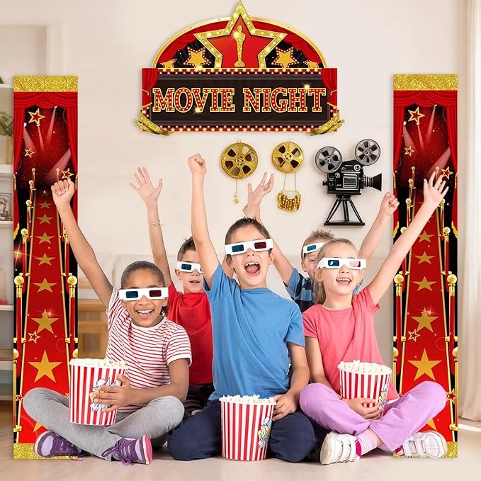 Namalu 3 Pcs Movie Night Door Decorations Red Carpet Runner Porch Sign Movie Star Party Decorations for Home Film Photo Props Theater Birthday Theme Backdrop Party Supplies