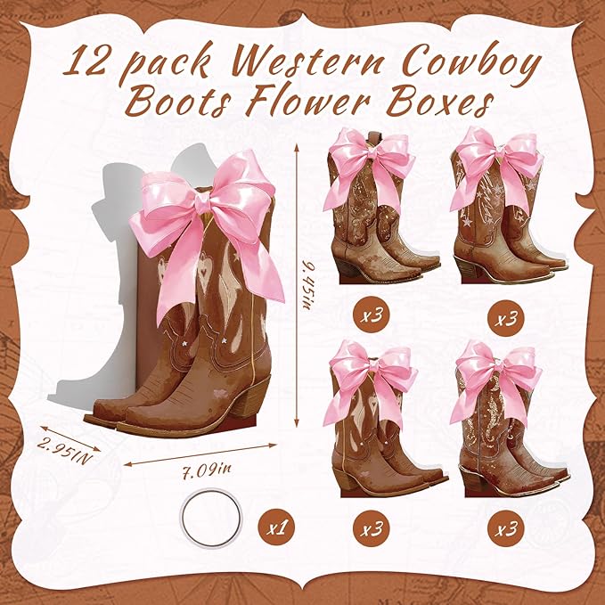 12 Set Brown Western Cowboy Bow Boots Flower Boxes Centerpiece Boot Shape Gift Boxes Western Party Decoration Vase Centerpiece for Table Boots for Rodeo Birthday Baby Shower Wedding Supplies