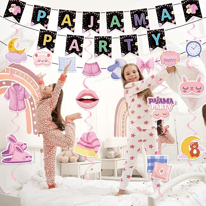 Pajama Party Decorations - Pajama Party Banner with Hanging Swirl Sleepover Party Supplies for Girls Slumber Party Favors Birthday Night Out