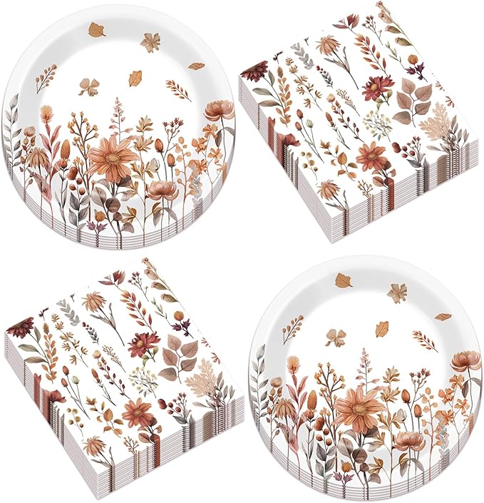 50Pcs Fall Floral Party Plates and Napkins 7 Inch Wildflower Birthday Decoration Thanksgiving Paper Dessert Plates Watercolor Autumn Tableware Set Serves 25 Guests Kids Boy Baby Shower Party Supplies