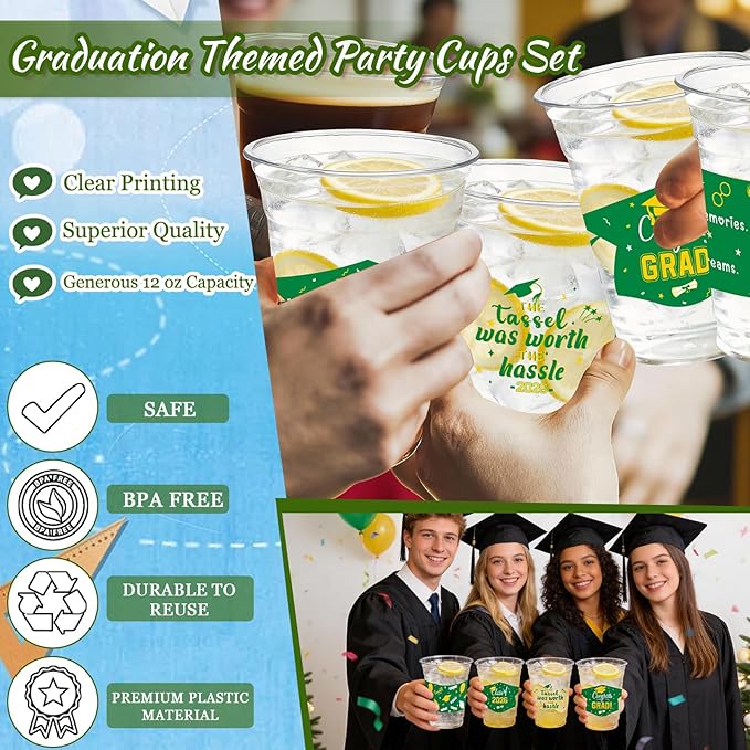 GuassLee Green and Gold Graduation Decorations Class of 2026, 50 Pack 12 oz Graduation Plastic Disposable Cups for Drinks 2026 School Grad Party Favors Supplies