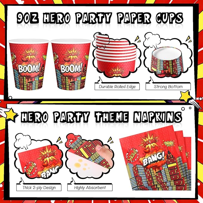 Zhehao 210 Pcs Christmas Hero Party Supplies Serves 30, Hero Themed Paper Plates Napkins Cups and Tableware Sets for Birthday Baby Shower Party Supplies Decor (Red)