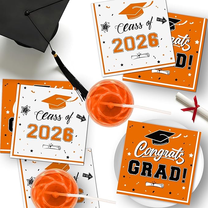 50 Pcs Graduation Napkins Decorations - Orange Class of 2026 Congrats GRAD 3-Ply Paper Cocktail Dinner Napkins Set for 2026 Graduation Party Supplies Table Decor Favors, 6.5 x 6.5 Inch