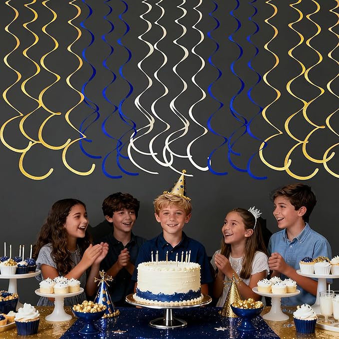 36 Pcs Blue Gold Hanging Swirl Decorations Royal Blue Glitter Gold Beige Felt Swirl Streamer Spiral Ceiling Garland for Birthday Graduation Wedding Baby Shower Retirement Nautical Ahoy Achor Party