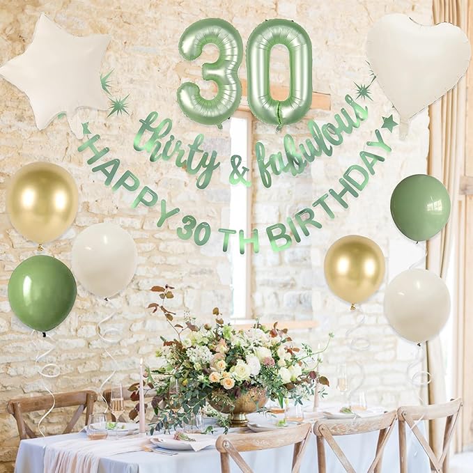 Sage Green Thirty & Fabulous Happy 30th Birthday Banner Garland Foil Balloon 30 for Womens 30th Birthday Decorations 30 and Fabulous Cheers to 30 Years Old Dirty Thirty Party Decor Supplies Backdrop