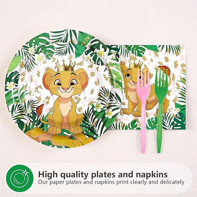 96Pcs Lion Baby Shower Party Decorations Jungle Safari Lion Plates and Napkins Tableware Sets Zoo Animal Party Decorations Favors for Boys Kids Wild One Birthday Supplies Serves 24