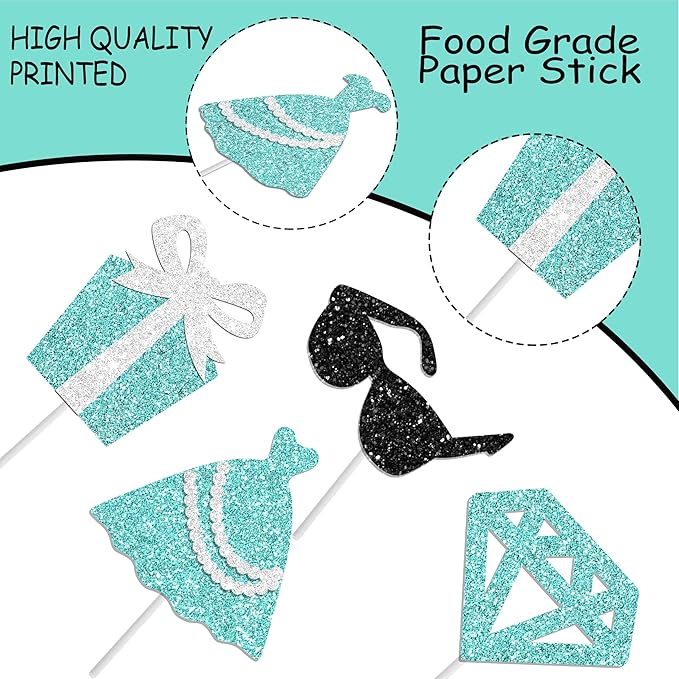 Breakfast Blue Cupcake Topper Teal Blue and Silver Bow Birthday Cupcake Pick 24Pcs Glitter Diamond Princess Cake Decorations for Teal Blue Bridal Shower Wedding Party Supplies