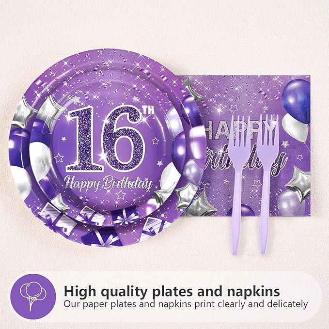 Grencian 96Pcs 16th Birthday Party Supplies Purple Sweet 16 Birthday Plates and Napkins Tableware Sets Sixteenth Birthday Party Decorations for Girls Happy 16th Birthday Party Favors Serves24