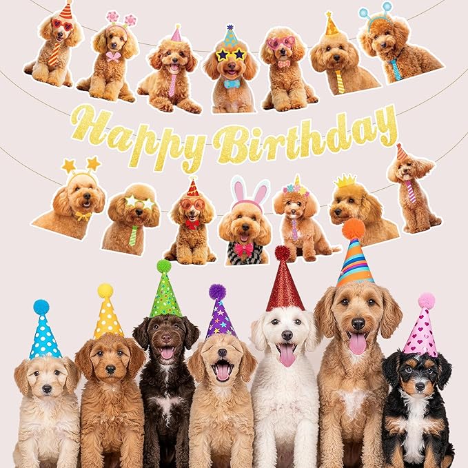 Dog Happy Birthday Banner, Golden Doodle Birthday Party Decorations Gold Glitter Puppy Birthday Banner Decorations for Pet Dog Theme Party Bunting Decoration Baby Shower Party Supplies