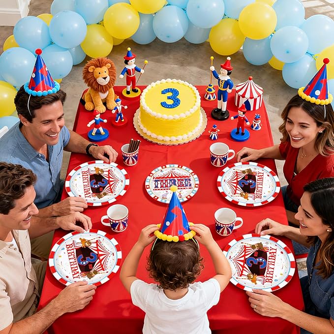 96Pcs Carnival 3rd Birthday Party Decorations Christmas Carnival Circus Third Birthday Plates and Napkins Tableware Sets Circus Theme Decoration for Kids Baby Shower Three Years Old Supplies Serves 24