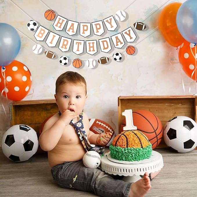 Happy Birthday Sports Banner Ball Garland Sign - High Chair Banner Birthday Decorations Party Supplies Photo Props