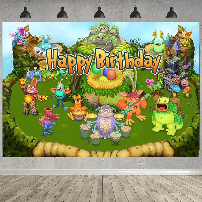 Singing Monster Birthday Party Decoration,Monster Party Photo Background 5 x 3 FT and 18 Pcs Balloon,Merch Party Backdrop Supplies
