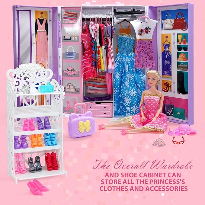 Doll Clothes and Accessories with Doll, Princess Gowns, Fashion Dresses, Jumpsuit,Slip Dresses, Hangers, Shoes, Dress up Toys for Girls Kids Toddlers Toy Birthday Gifts for Girls Age 3 4 5 6 7 8