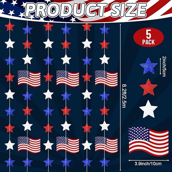 MARFOREVER 4th of July Decorations, 41Ft 5 Pcs Red White and Blue Decorations Pre-Strung Patriotic Star Garland Banner for American Independence Labor Veterans Memorial Day Party Decorations Supplies
