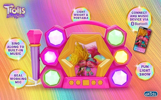 eKids Trolls Band Together Karaoke Microphone with Bluetooth Speaker for Fans of Trolls Toys, Kids Karaoke Machine with Built in Music