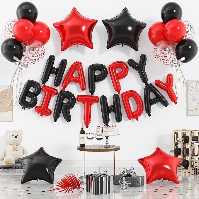 29PC Red Black Happy Birthday Balloon Banner, 16 Inch 3D Letter Banner Sign, Black Red Confetti Latex Balloons Helium 18 Inch Star Foil Balloons for Kids, Women, Men Birthday Party Decor