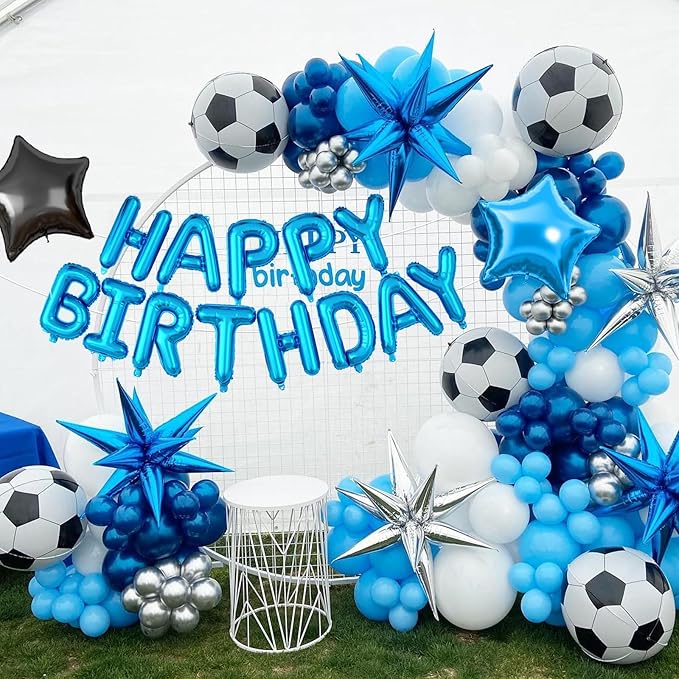 29PC Soccer Happy Birthday Balloon Banner, 16Inch 3D Aluminum Letter Banner Sign, Metallic Blue and Silver Confetti Balloon 18 Inch Black Blue Star Foil Balloons for Soccer Party Decorations