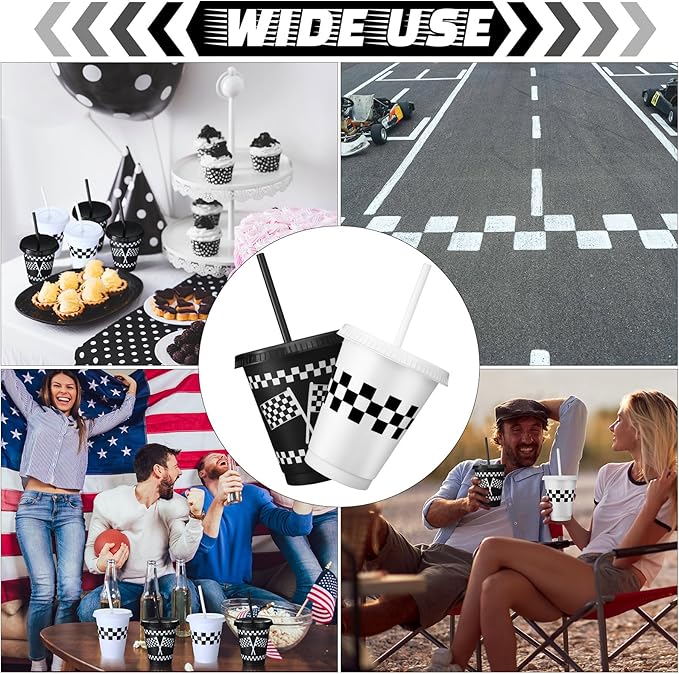 Sieral 30 Pcs Checkered Cups with Straws and Lids 16 oz Race Car Cups White Black Checkered Flag Plastic Tumblers Reusable Iced Coffee Travel Mug for Racing Party Supplies Decorations
