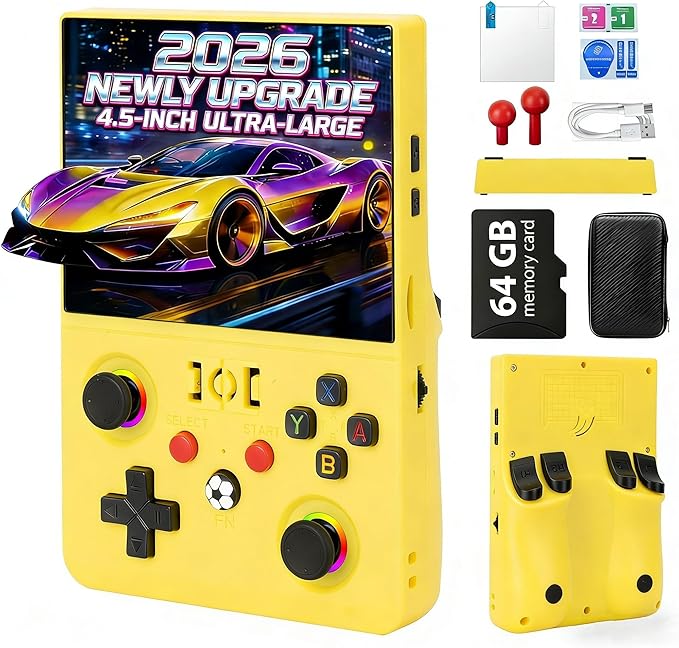 2026 NEW Upgrade R36MAXPRO Retro Handheld Game Console - 4.5 Inch Ultra-Large Screen, Support 18000+Classic Games, 64G TF Card, Linux System, 4000mAh Battery, Birthday Gift for Adult - Yellow