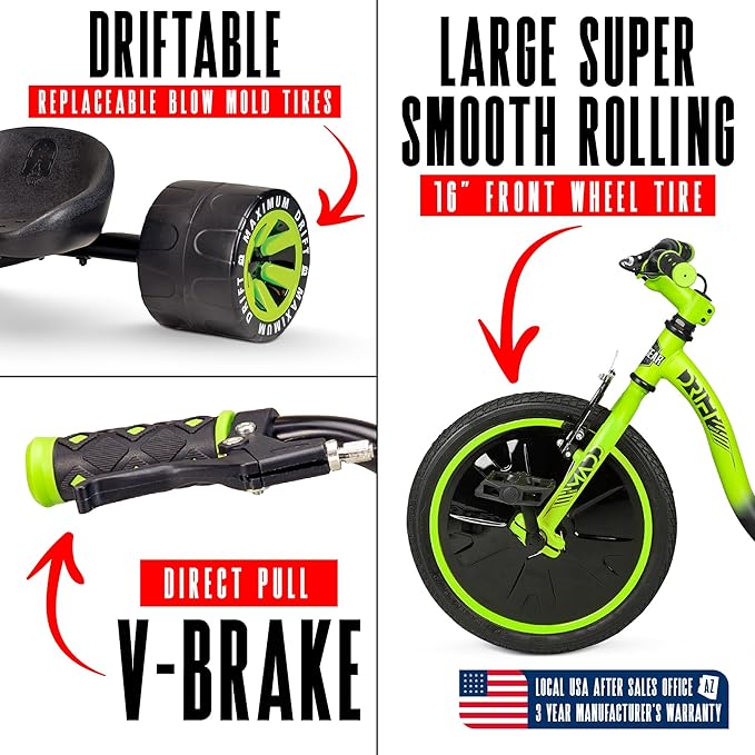 Drift Trike for Kids Ages 5+ 16" Front Wheel Ride-On with Adjustable Seat, Steel Frame, Rear Slick Drift Wheels & Safety Flag – Madd Gear Green Black