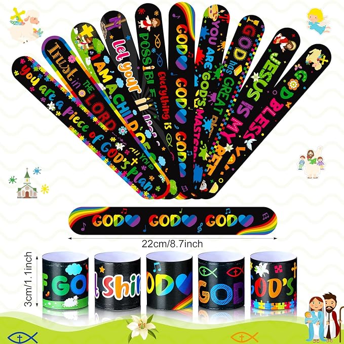 Frienda 40 Pcs Bible Verses Religious Christian Slap Bracelets for Kids VBS Jesus Love You Wristbands Inspirational Motivational Christian Slap Bracelets Sunday School Supplies (Religious)