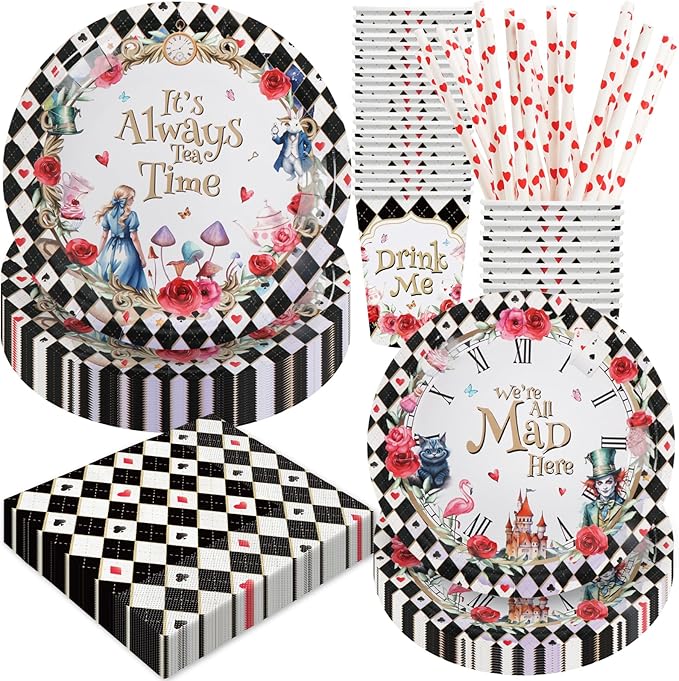 Alice in Wonderland Birthday Party Decorations, 120Pcs Tea Themed Party Supplies Tableware Includes Paper Plates, Napkins, Cups and Straws, Serves 24