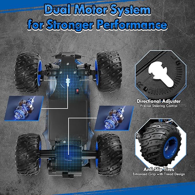 Remote Control Car, 1:18 Rc Cars, All-Terrain RC Truck with LED Light, 20KM/H, Rechargeable, 2WD, 2.4GHz, Sturdy PVC Shell, Remote Control Truck for Boys 4-7 8-12, Beginner